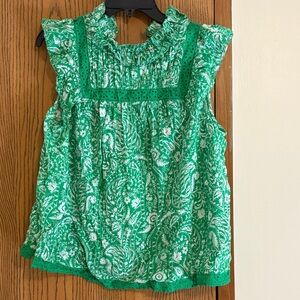 crown & ivy Green and White Floral Sleeveless Ruffle Top